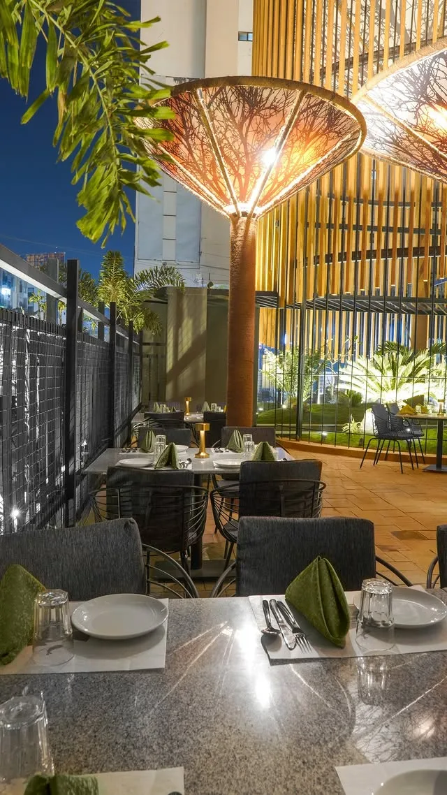 Tempura rooftop terrace with woven lanterns